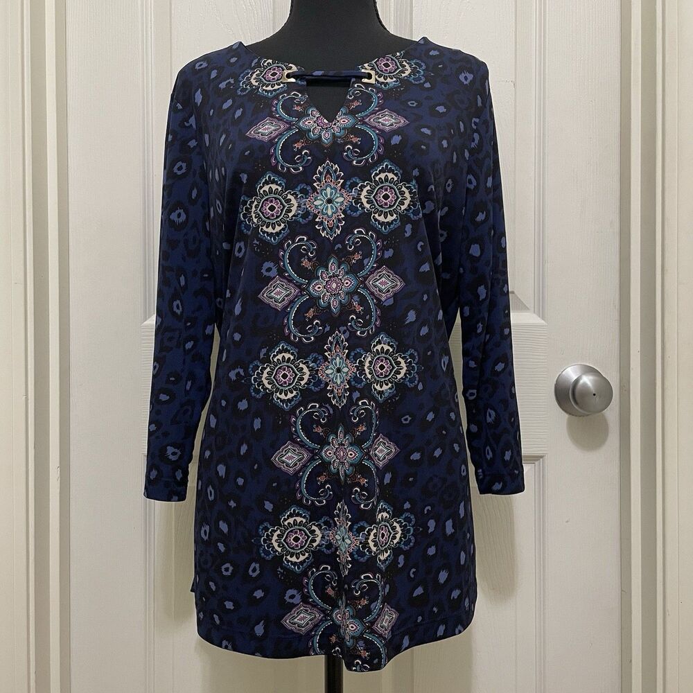 Croft & Barrow Boho Tunic Top Keyhole Neck 3/4 Sleeve Blue Leopard Print Large